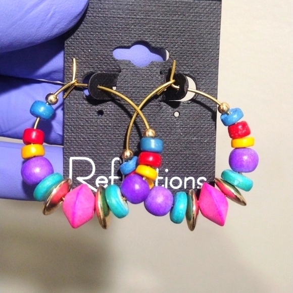 Gold Colorful Beaded Hoop Drop Earrings – Vibrant Artisan Elegance 1.5-inch #2 - Picture 3 of 5